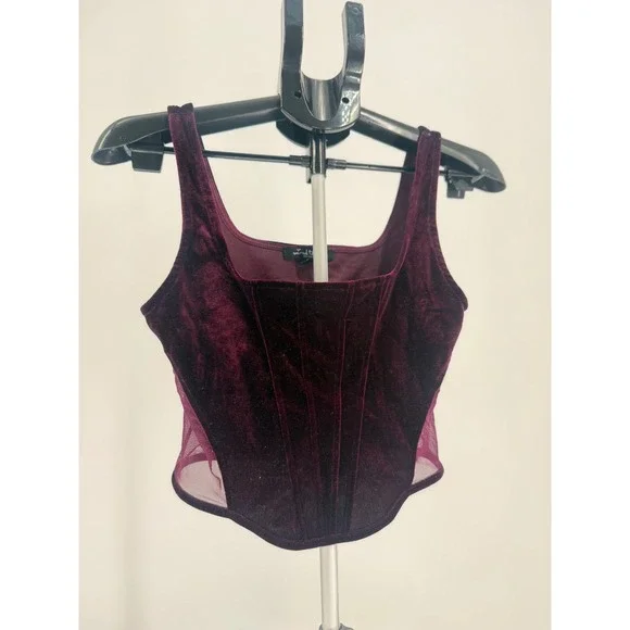 Burgundy Velvet Corset Top Mesh Panel Bustier Crop Tank Y2K Clubwear Soft - Picture 3 of 6